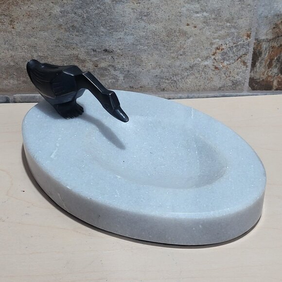 Decorative Marble Soap Dish Jewelry Holder Black Metal Bird Figure - Picture 11 of 11